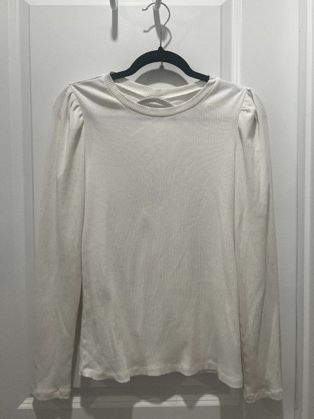 GAP White Ribbed Long Sleeve Puff Shoulder Top